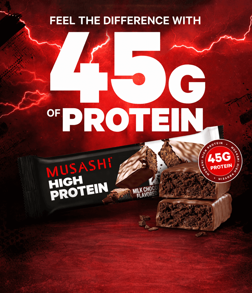 Musashi High Protein bar with 45g of protein on a red background