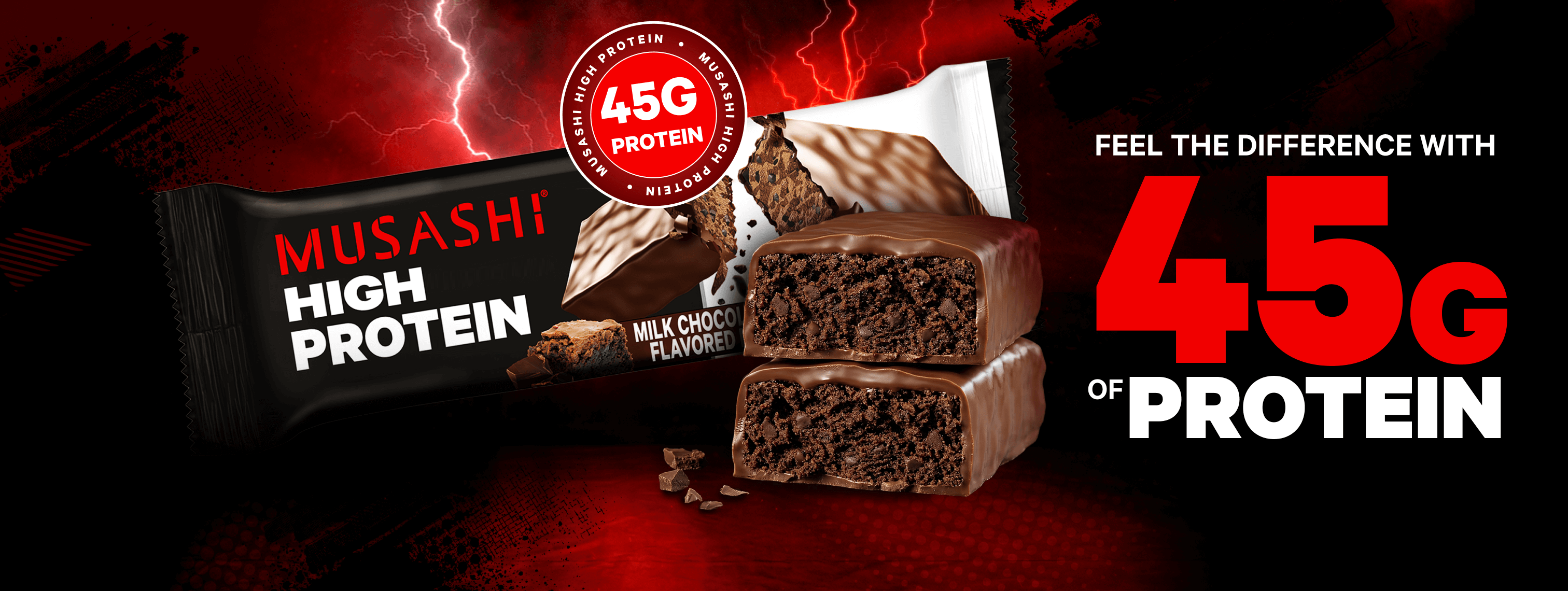 Musashi High Protein bar with brownies on a dark background, highlighting 45g of protein.