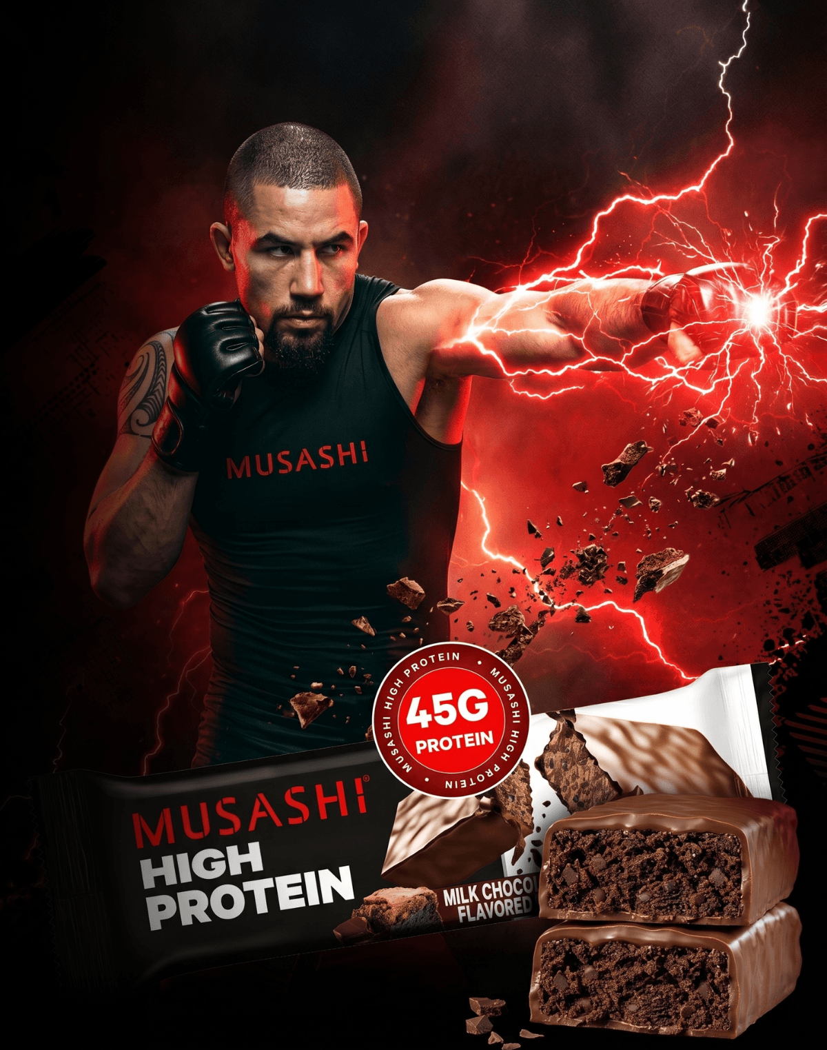 Musashi high protein bar packaging with a muscular figure and dramatic background
