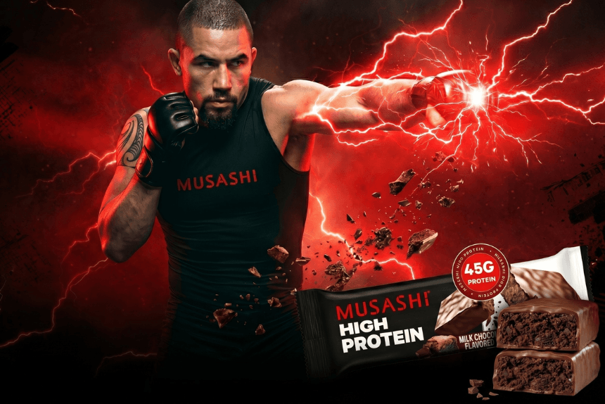 Musashi high protein bar packaging with a muscular figure and dramatic background